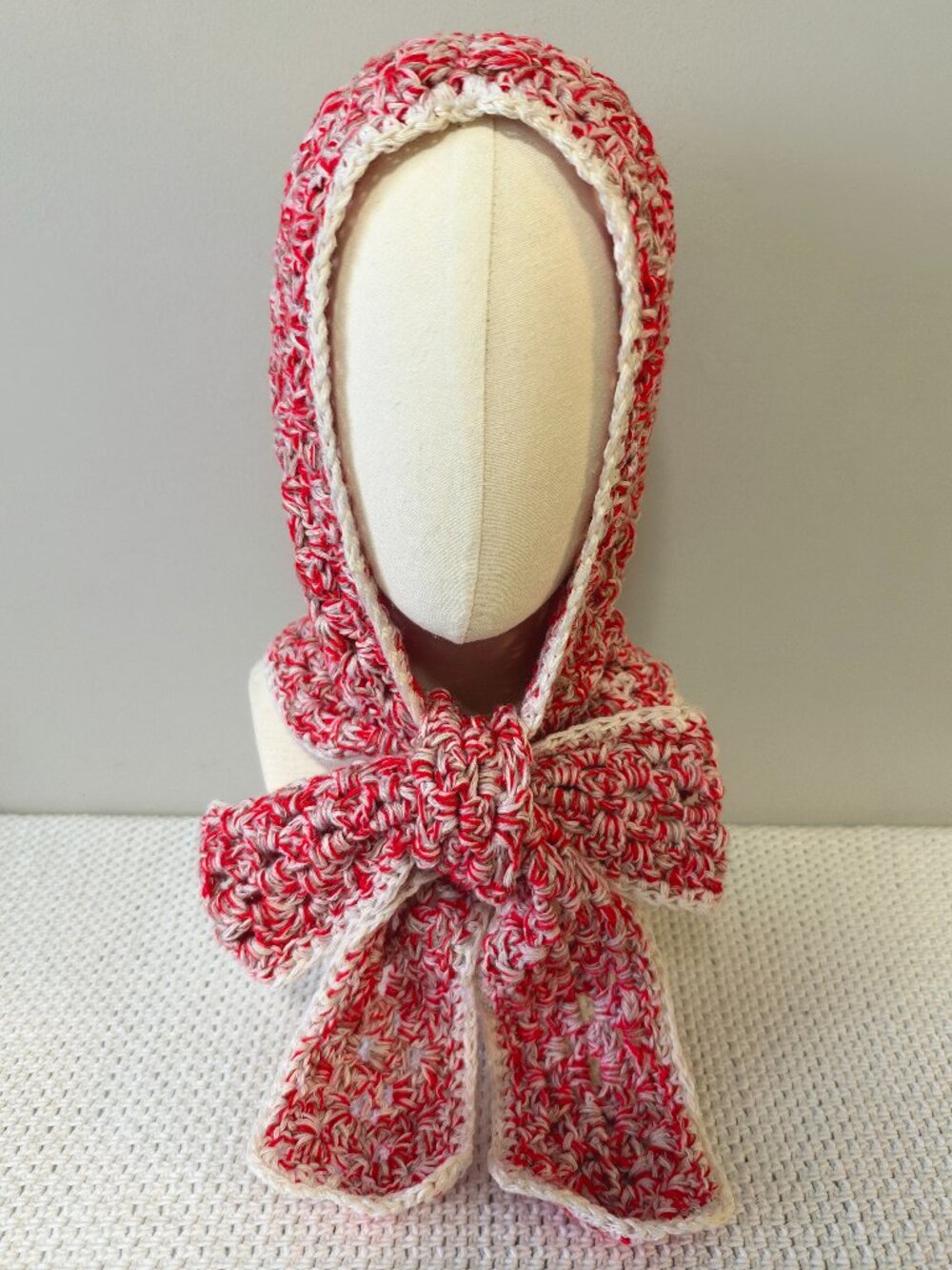 Handmade Crochet Red White Taupe Large Bow Scarf Balaclava Hood